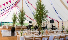 Garden wedding reception at Bignor Park with band stage and decorated marquee interior