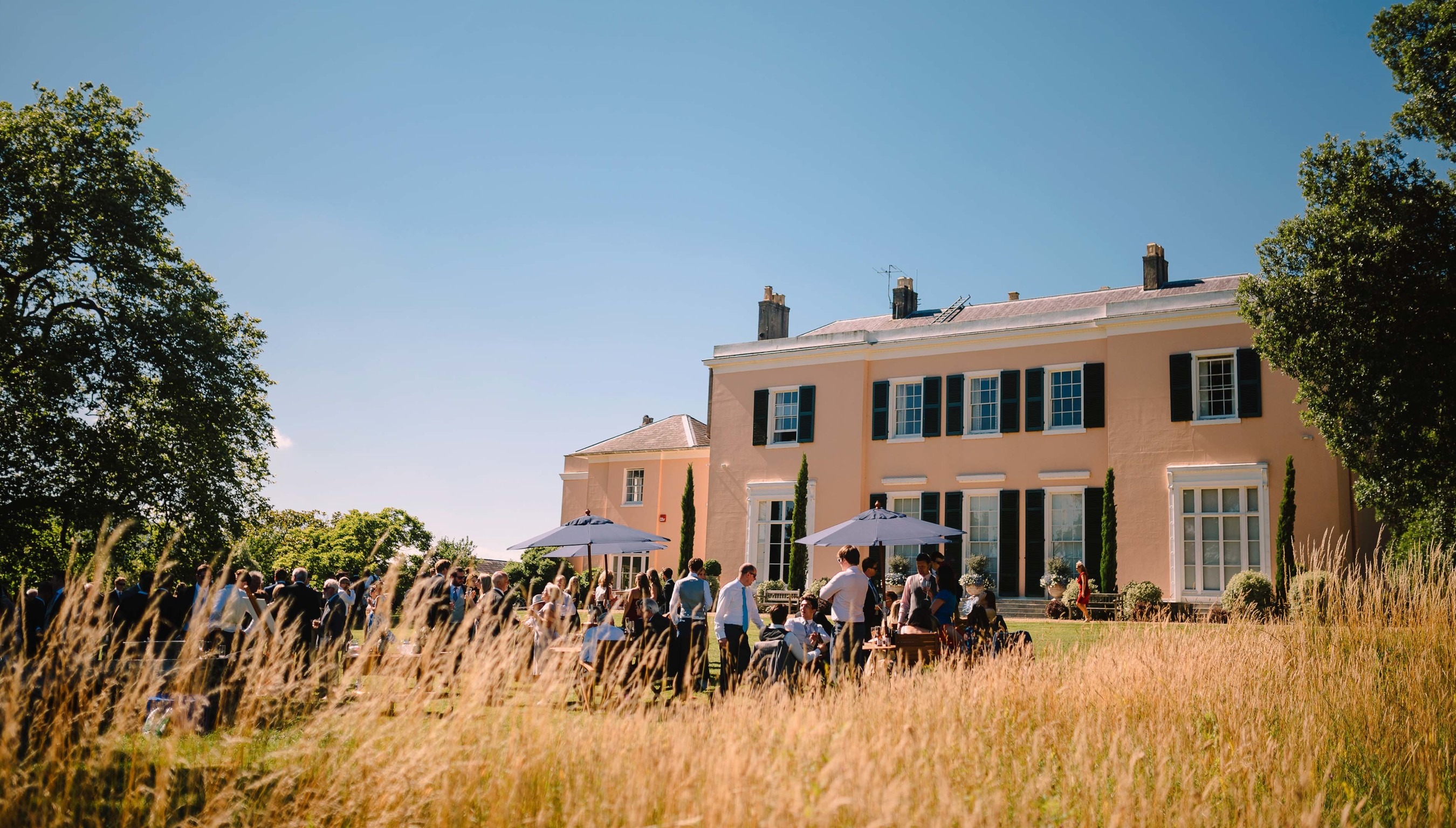 Wedding drinks reception at Bignor Park in West Sussex with guests on the South lawn outside the country house
