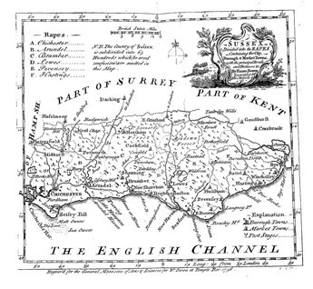 Historic black-and-white map of Sussex by Charlotte Smith, showing parts of Surrey and Kent with towns, roads, and the English Channel clearly labelled