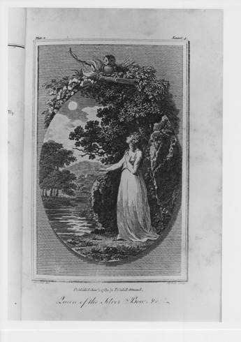 Vintage black-and-white etching by Charlotte Smith depicting a woman in a long dress standing beside a river beneath an arched canopy of trees, with an owl perched abov