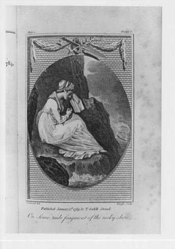 A black and white etching of Charlotte Smith