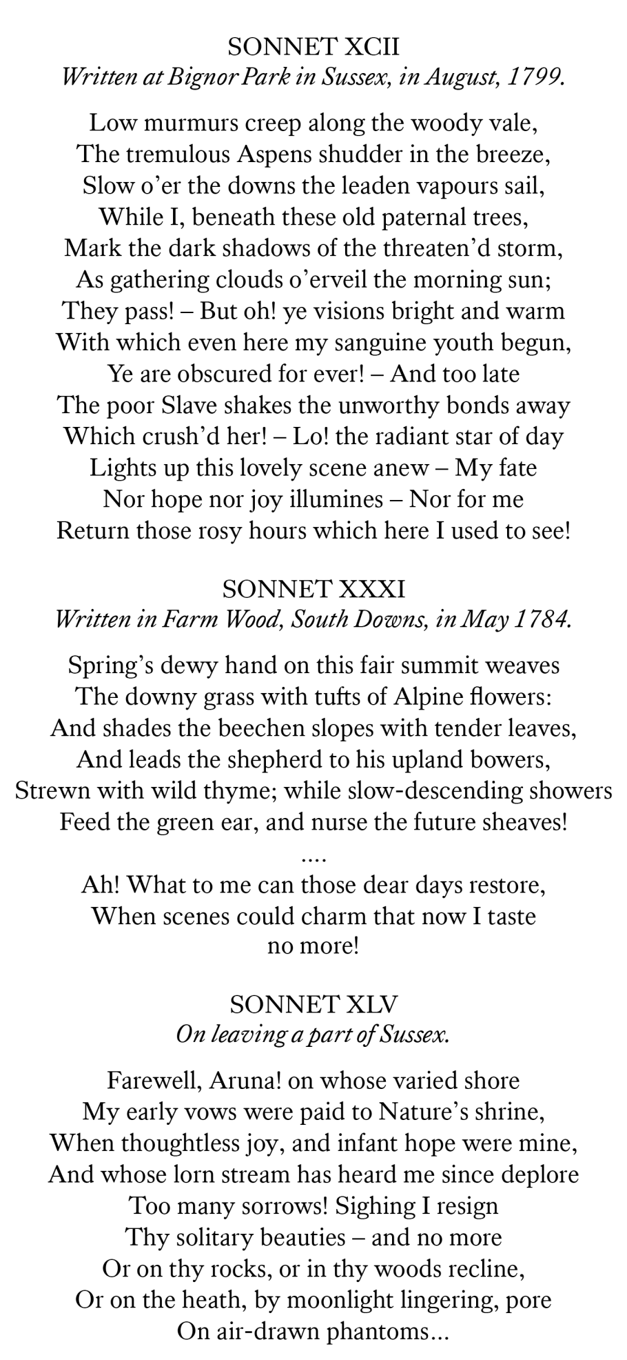 A page of text taken from the book of sonnets by Charlotte Smith