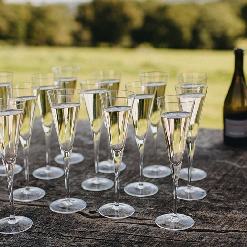 Outdoor wedding at Bignor Park with Champagne glasses close up detail on the old tree table on the South Lawn